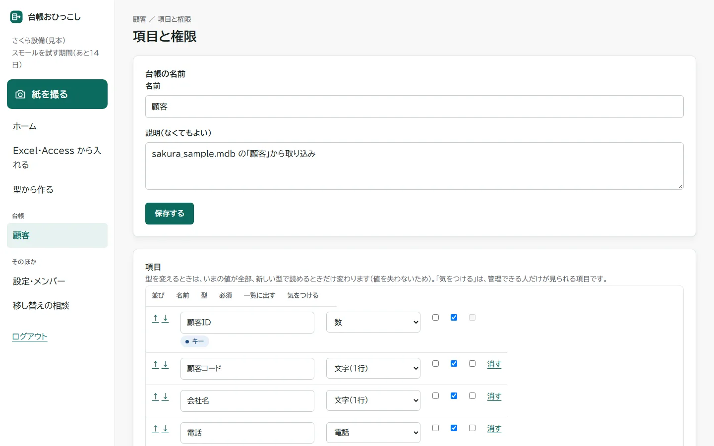 項目と権限の画面